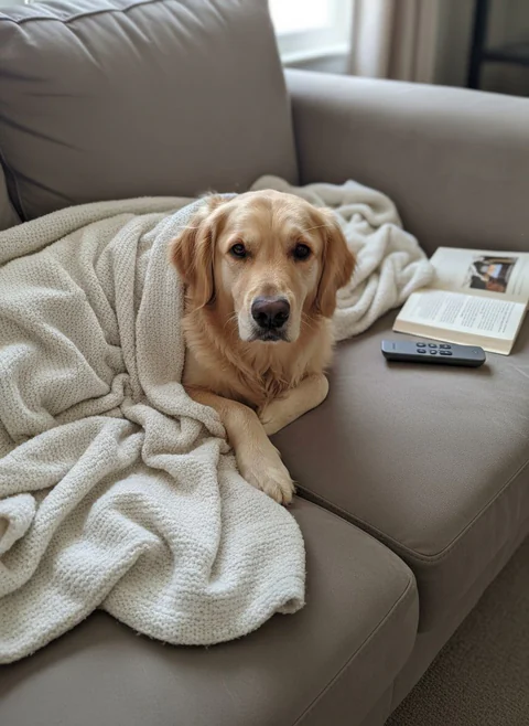 A golden retriever wrapped in a blanket on a sofa: an AI-generated example, not a customer's pet.